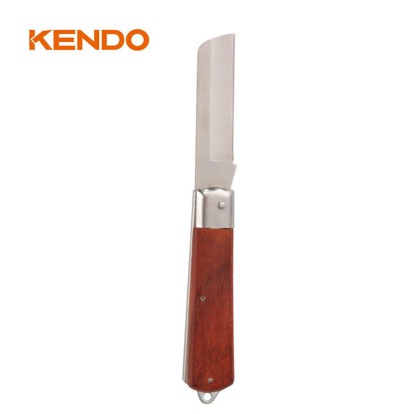 Cuchillo de electricista de hoja recta de acero inoxidable con mango de madera